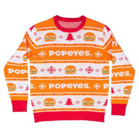 NEW Popeyes Chicken Sandwich Christmas Holiday Orange Sweater - Picture 1 of 8